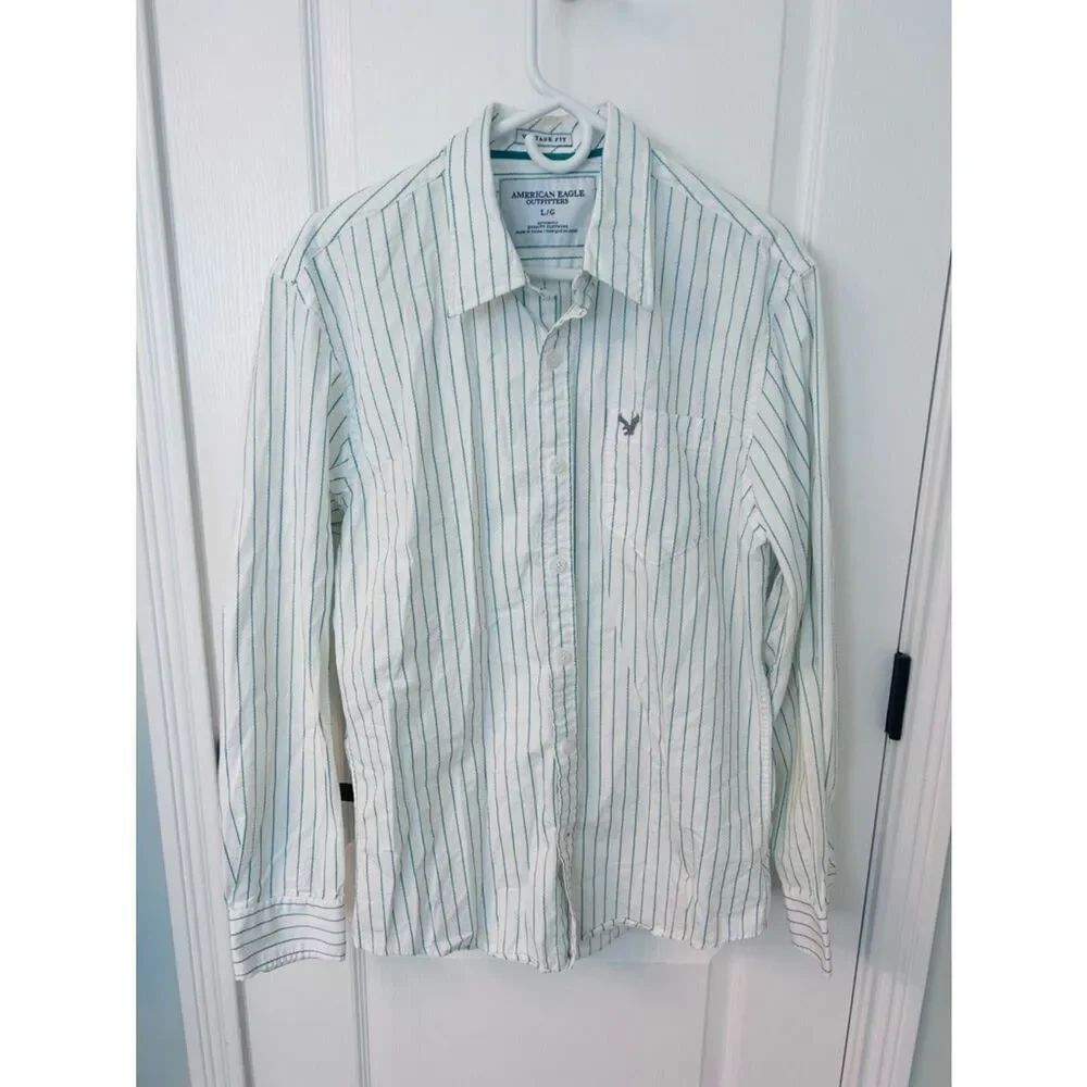 American Eagle Outfitters Men’s White Button-Up Shirt with Green Stripe!